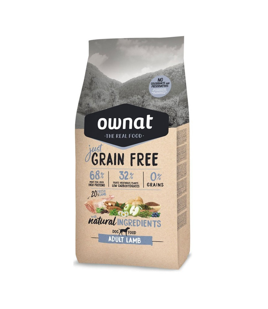 Croquettes chiens ownat just grain free adult Lamb 14 kg